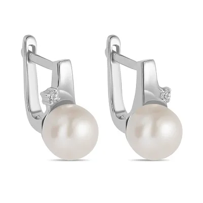 Срібні сережки з перлами і фіанітами (арт. 7502/4013жб)