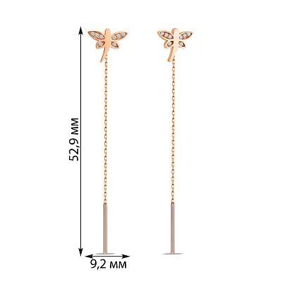 Золотые серьги протяжки Стрекоза с фианитами (арт. 108174)