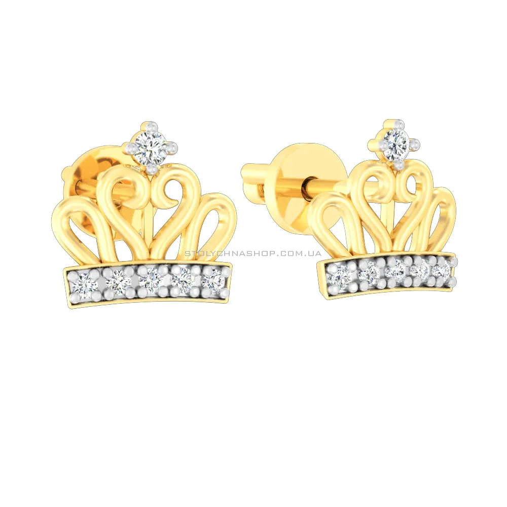 Сережки-пусети «Корона» з жовтого золота з фіанітами (арт. 110589ж) - цена