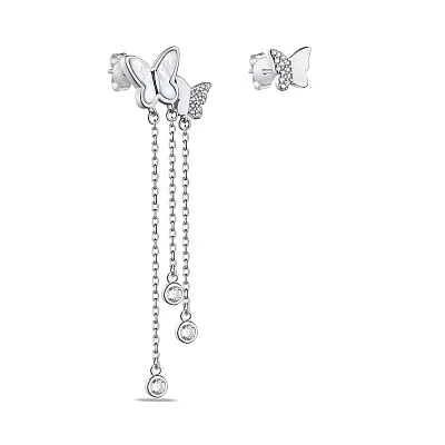 Асиметричні сережки зі срібла &quot;Метелики&quot; з перламутром  (арт. 7518/6309п)