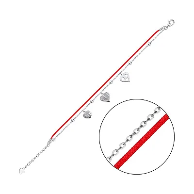 Браслет из серебра и красной нити с фианитами (арт. 7309/4674к)