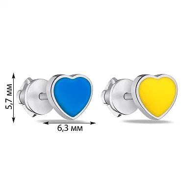 Сережки-пусети зі срібла Сердечка з синьою та жовтою емаллю (арт. 7518/797есжсю)