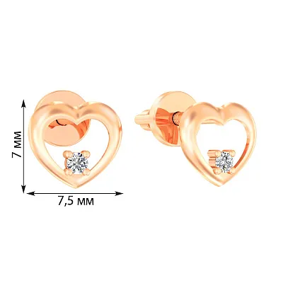 Золотые серьги пусеты «Сердечки» с фианитами (арт. 110596)