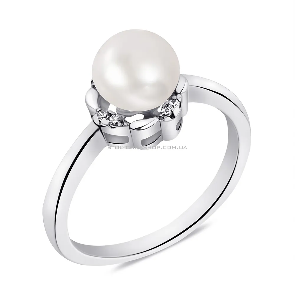 Серебряное кольцо с жемчугом и фианитами (арт. 7501/4665жб) - цена