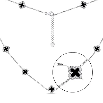 Серебряное колье Клевер с ониксом и фианитами (арт. 7507/1828/10о)