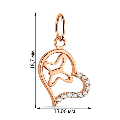 Золотой подвес в форме сердца с бабочкой и фианитами  (арт. 424429)