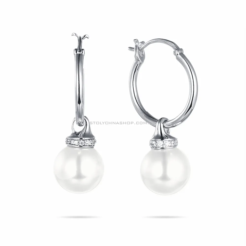 Срібні сережки з перлами і фіанітами (арт. 7502/3443жб)