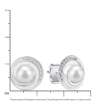 Срібні сережки-пусети з перлами і фіанітами (арт. 7518/5296жб)