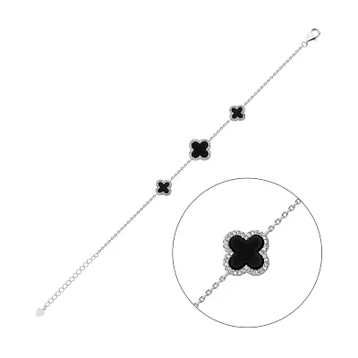 Серебряный браслет &quot;Клевер&quot; с ониксом и фианитами  (арт. 7509/3227о)