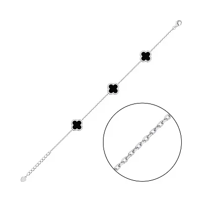 Срібний браслет Клевер з оніксом та фіанітами (арт. 7509/4225/10о)