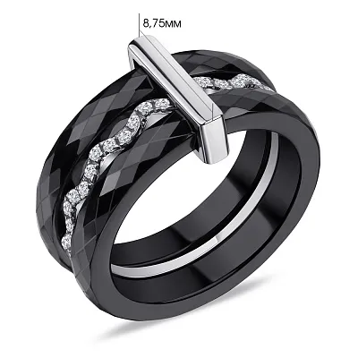 Серебряное кольцо с черной керамикой и алмазной гранью  (арт. 7501/1629ч003а)