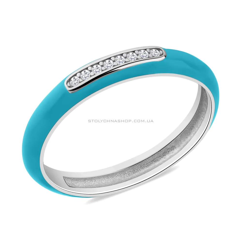 Серебряное кольцо с фианитами и голубой эмалью (арт. 7501/5645ег) - цена