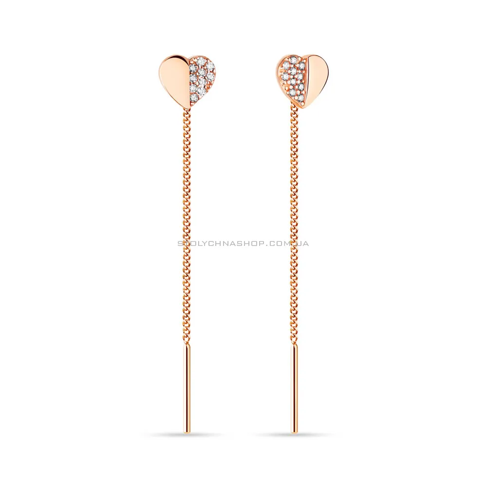 Золотые серьги-цепочки «Сердечки» с фианитами (арт. 101714) - цена