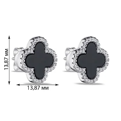 Срібні сережки-пусети "Клевер" з оніксом і фіанітами (арт. 7518/5108о)