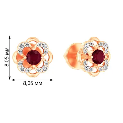 Золоті сережки-пусети з рубіном та діамантами (арт. Т011086р)