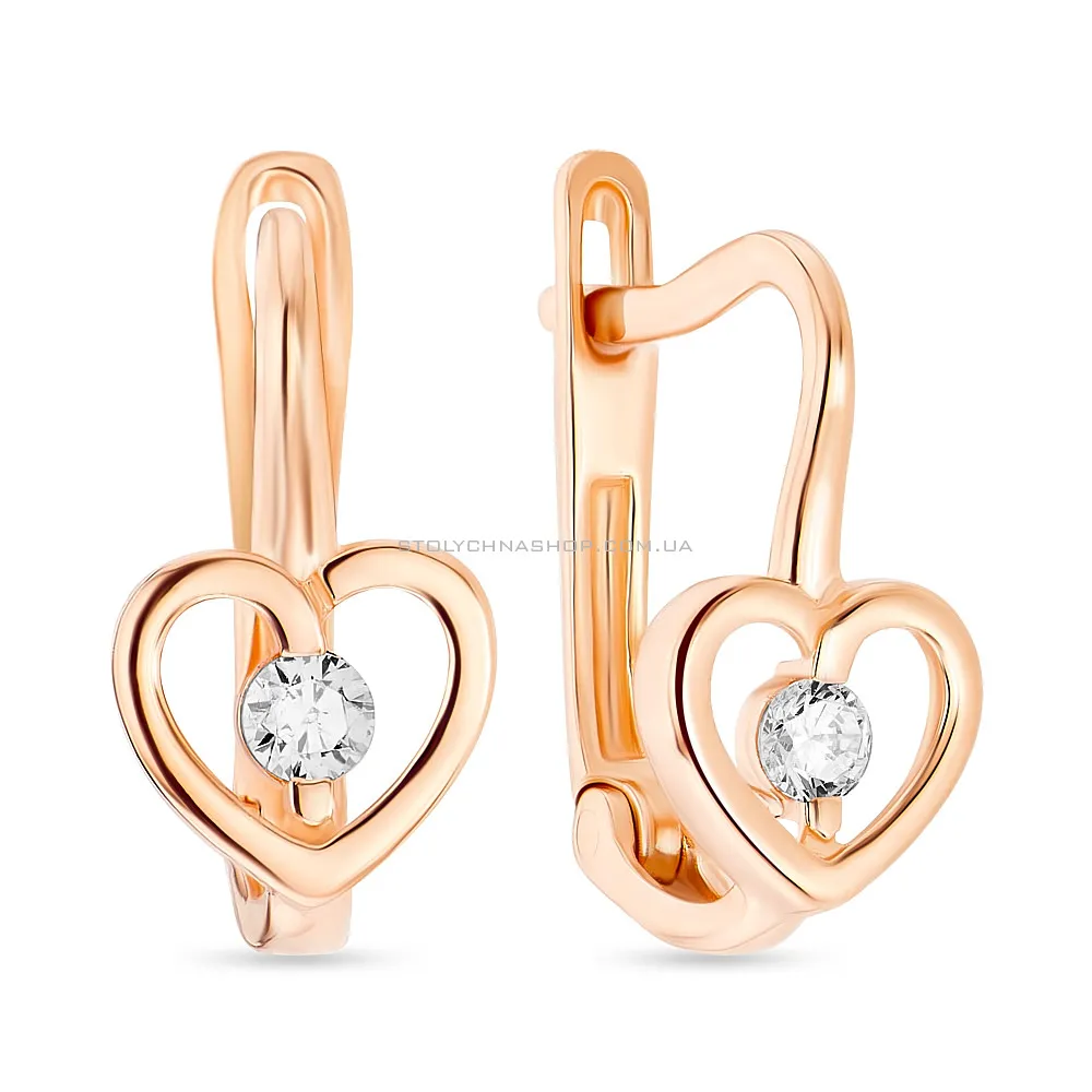 Золоті сережки «Сердечка» для дітей з фіанітами  (арт. 106622) - цена