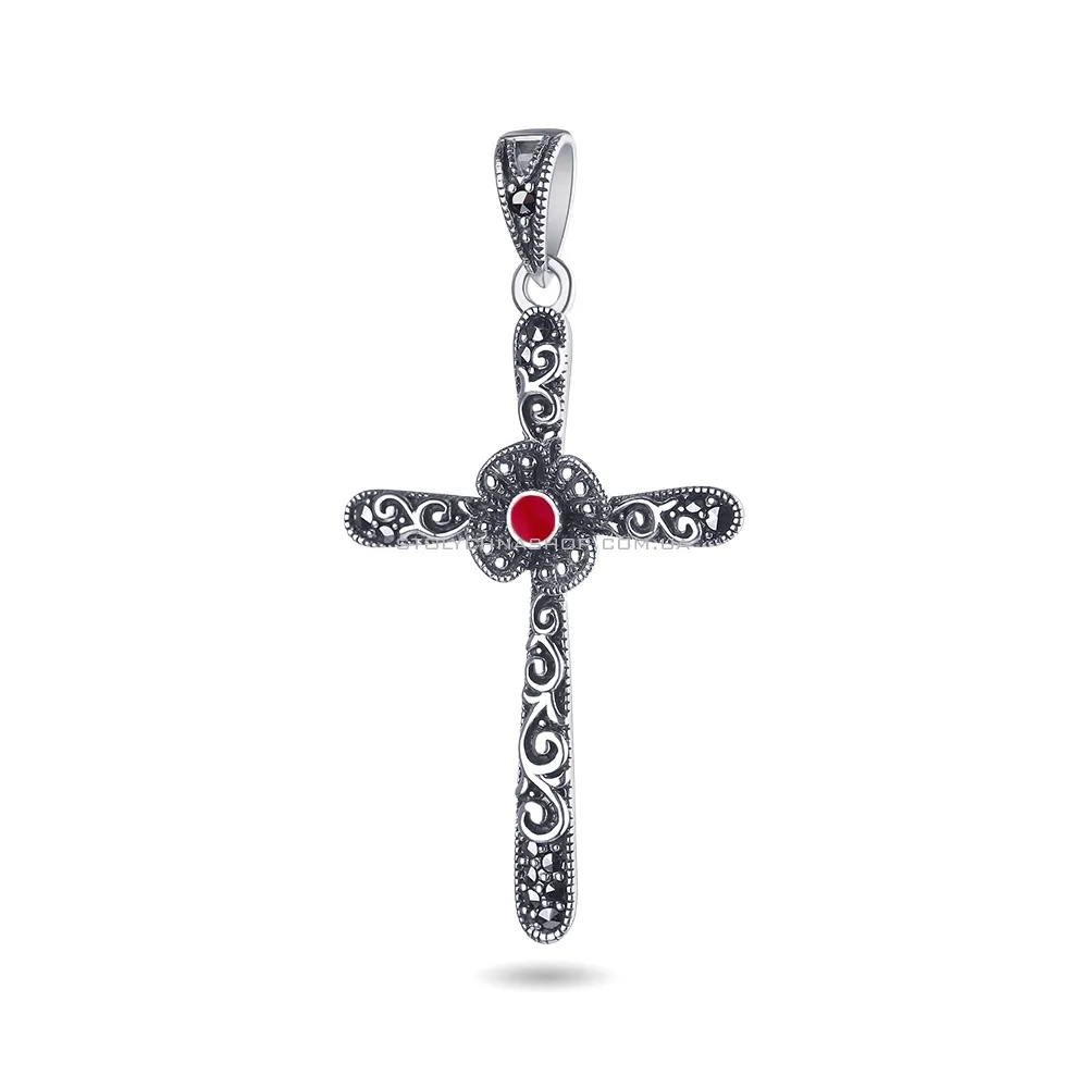 Хрестик зі срібла з коралом і марказитами (арт. 7403/2868мркКрк)
