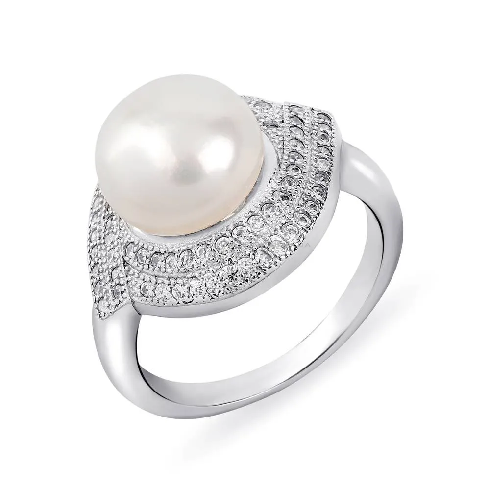 Серебряное кольцо с жемчугом и фианитами  (арт. 05012679) - цена