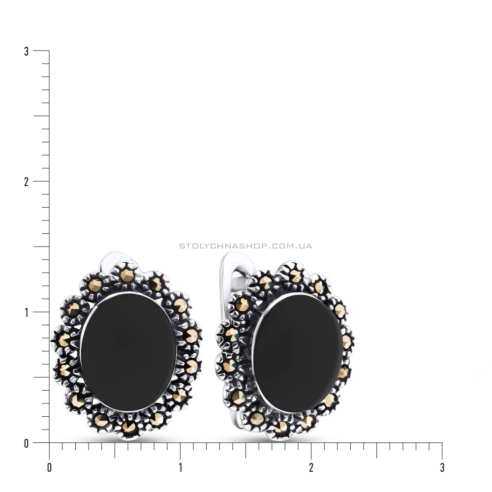 Срібні сережки з чорним оніксом і марказитами (арт. 7402/3162мрко)