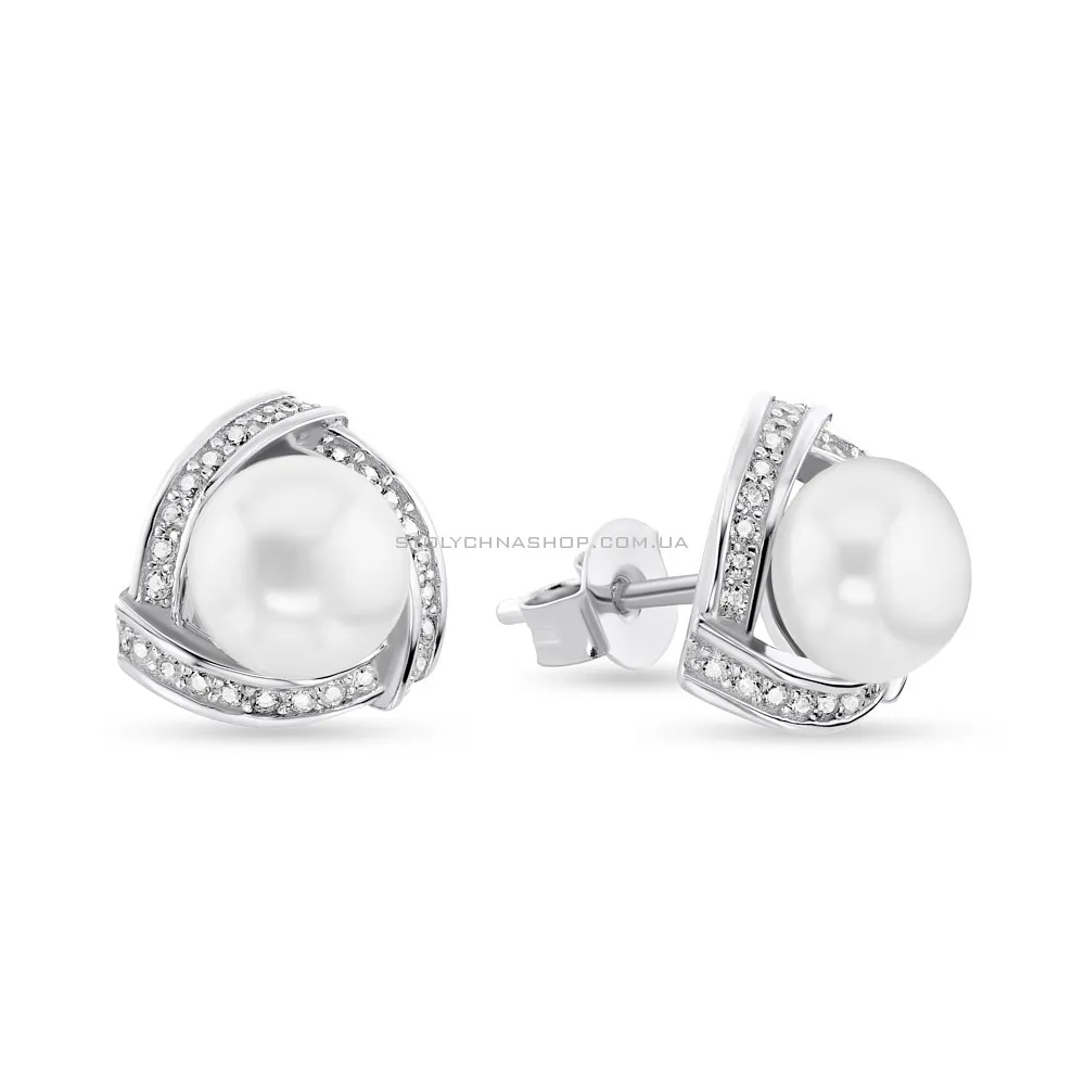 Срібні сережки-пусети з перлами і фіанітами  (арт. 7518/5985жб) - цена