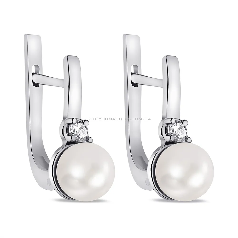 Срібні сережки з перлами та фіанітами (арт. 7502/7357.10жб) - цена