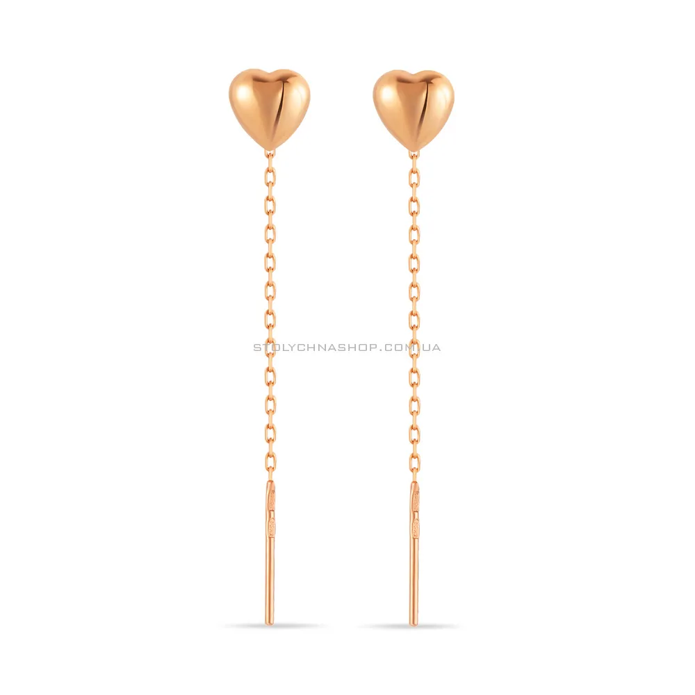 Сережки-цепочки «Сердечки» из красного золота (арт. 103358) - цена