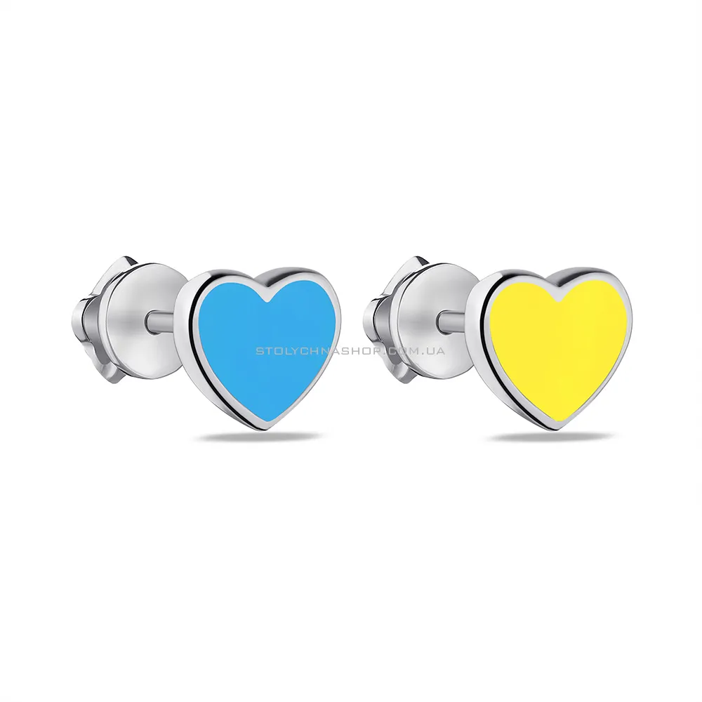 Срібні сережки "Сердечка" з блакитною і жовтою емаллю  (арт. 7518/461спегж)