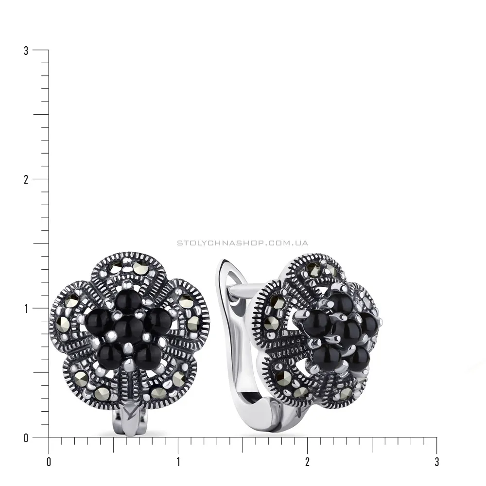 Сережки серебряные «Цветы» с ониксом  (арт. 7402/4085мрко) - 2 - цена