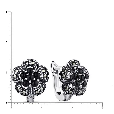 Сережки срібні «Квіти» з оніксом  (арт. 7402/4085мрко)