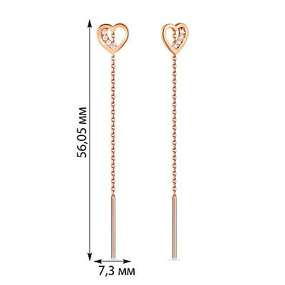 Сережки-протяжки Серце з золота з фіанітами (арт. 110697)