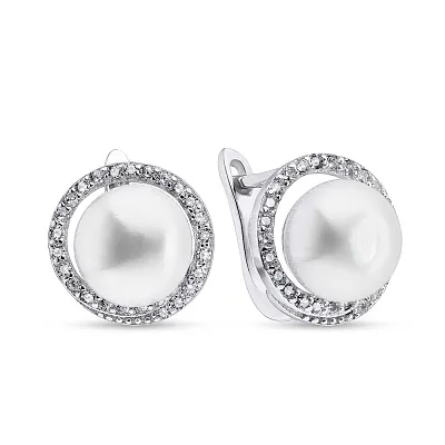 Срібні сережки з перлами і фіанітами (арт. 7502/3379жб)