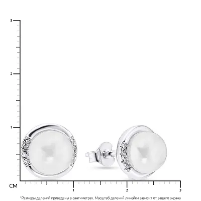 Срібні сережки пусети з перлами і фіанітами (арт. 7518/5253жб)