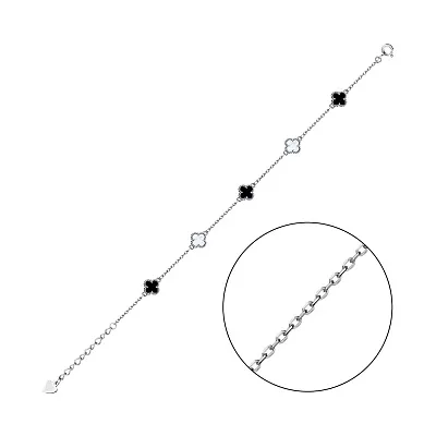 Браслет зі срібла Клевер з перламутром і оніксом (арт. 7509/1265/7оп)