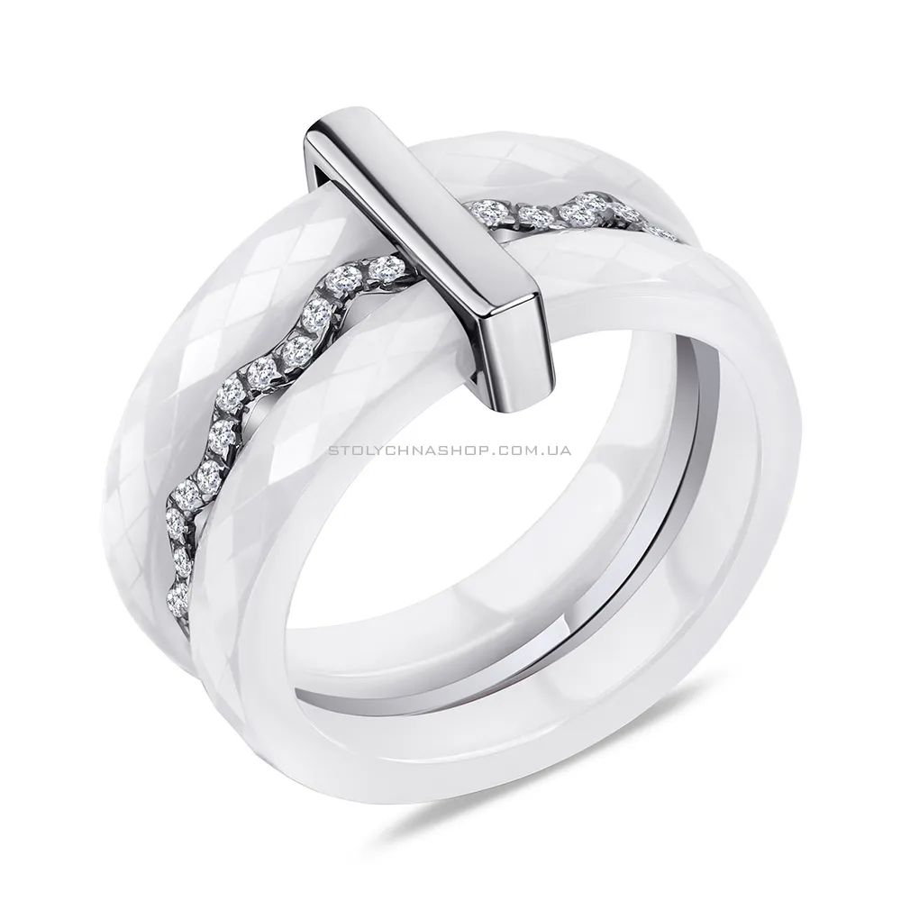Тройное кольцо серебряное с керамикой и алмазной гранью  (арт. 7501/1629б003а)