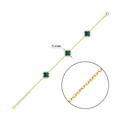 Срібний браслет Клевер з малахітом і жовтим родіюванням (арт. 7509/4225/10жмлх)