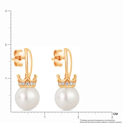 Золоті сережки-підвіски «Корона» з перлами  (арт. 107587прлб)