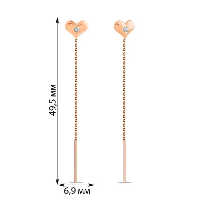 Сережки протяжки з золота Серце з фіанітами (арт. 108014)