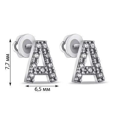 Срібні сережки-пусети Літера А з фіанітами (арт. 7518/1090всю)