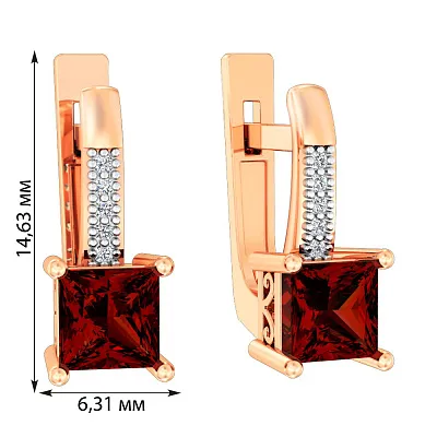Золоті сережки з гранатом і фіанітами  (арт. 114800Пк)