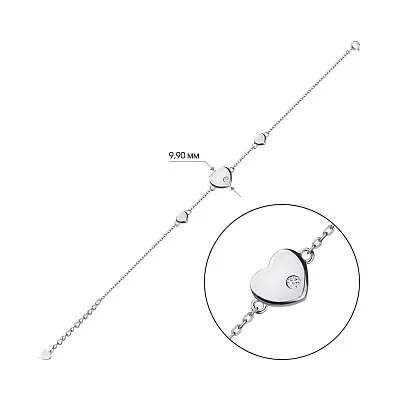 Срібний браслет "Сердечка" з одним фіанітом (арт. 7509/3278)