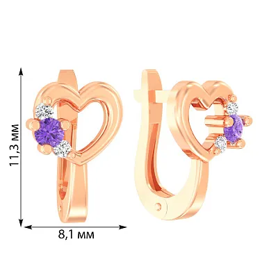 Детские золотые серьги «Сердечки» с фиолетовыми фианитами (арт. 110498ф)