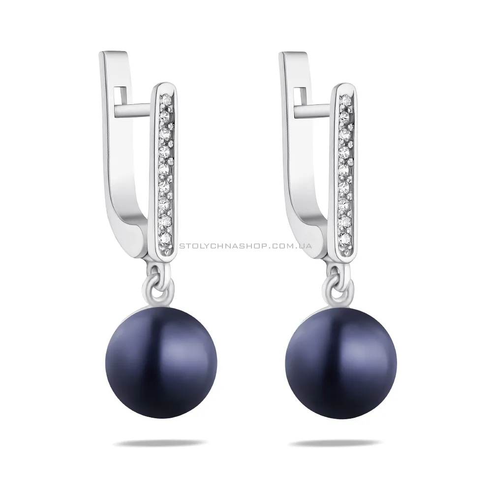 Срібні сережки-підвіски з чорними перлинами (арт. 7502/1250жч)