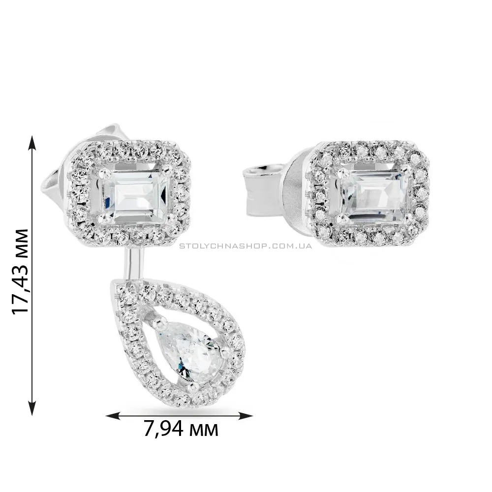 Асиметричні сережки-пусети зі срібла з фіанітами  (арт. 7518/5996) - 2 - цена