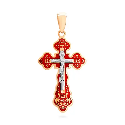 Золотой нательный крестик с красной эмалью (арт. 505001к)