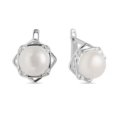 Срібні сережки з перлами і фіанітами (арт. 7502/4015жб)