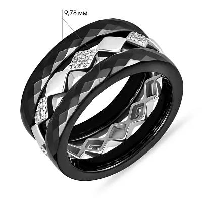 Кольцо из серебра и черной керамики с фианитами  (арт. 7501/1629ч008а)