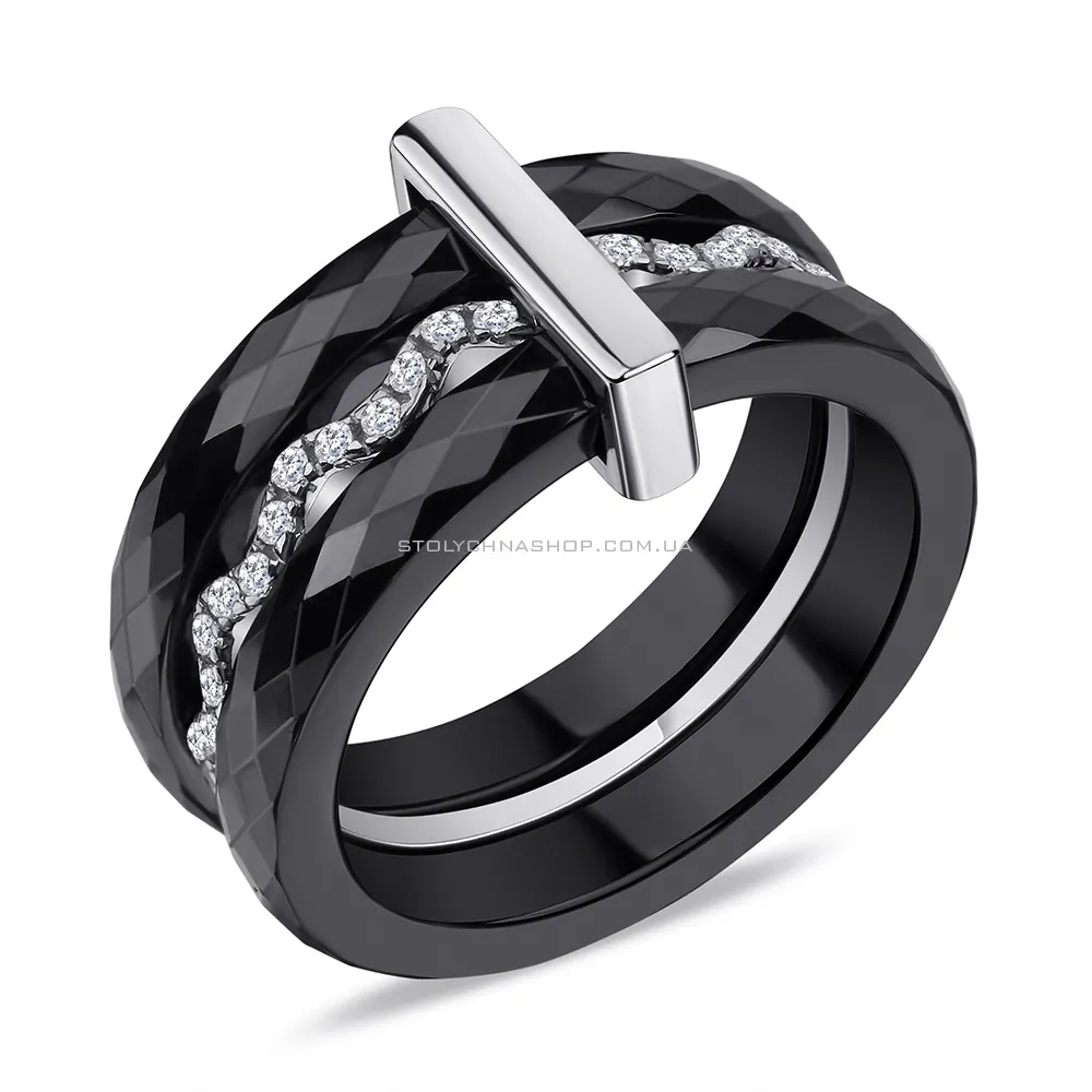 Серебряное кольцо с черной керамикой и алмазной гранью  (арт. 7501/1629ч003а)