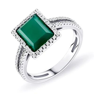 Серебряное кольцо с зеленым ониксом и с фианитами  (арт. 05012038)