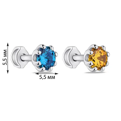 Серебряные серьги-пусеты с голубым и желтым фианитами (арт. 7518/531агжсп)