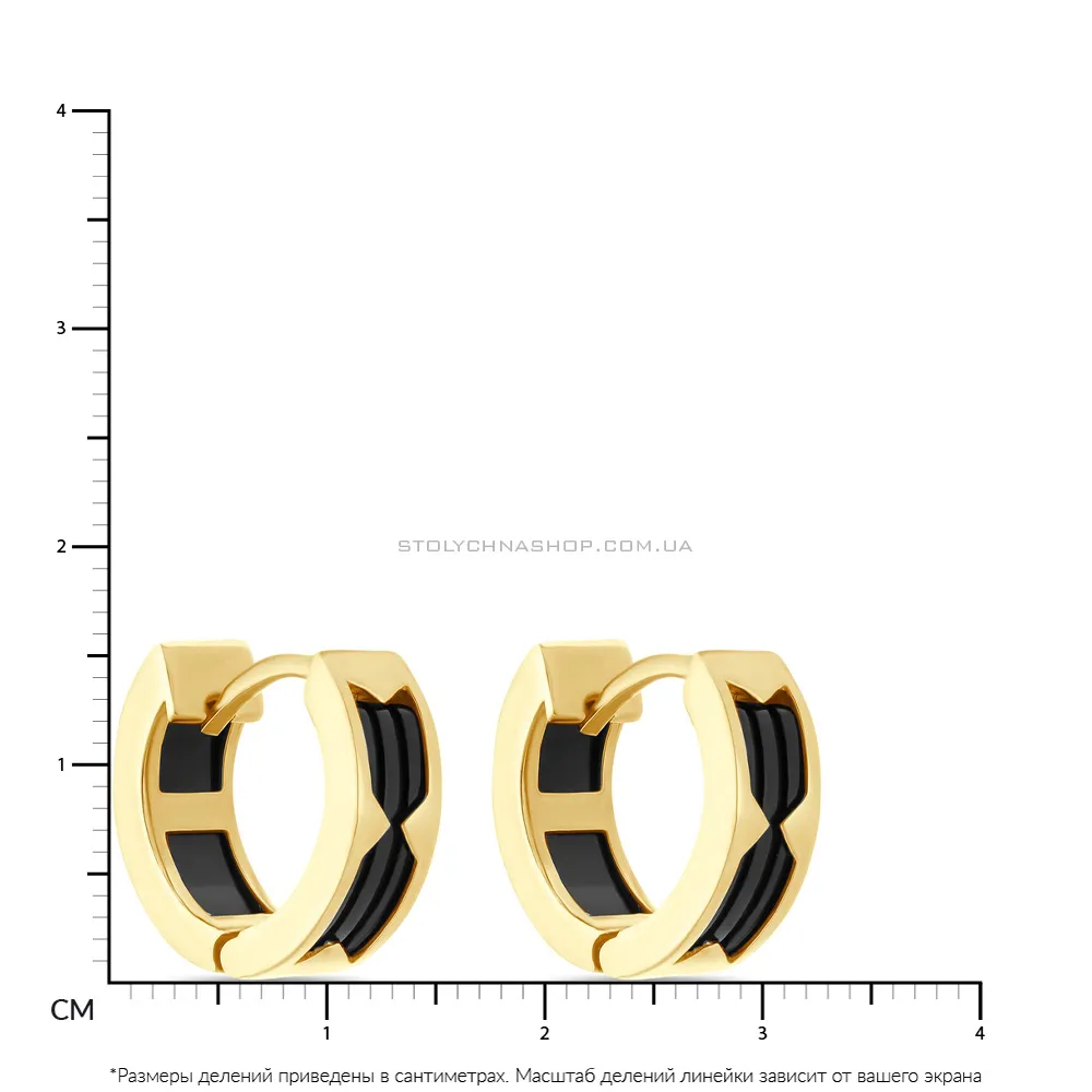 Сережки-кольца из желтого золота с ониксом (арт. 107373жо) - 2 - цена